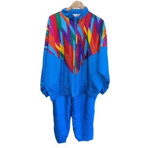 Laura Katherine Two Piece Set Track Suit Aqua Blue Nylon Jacket Pants 22W Pocket